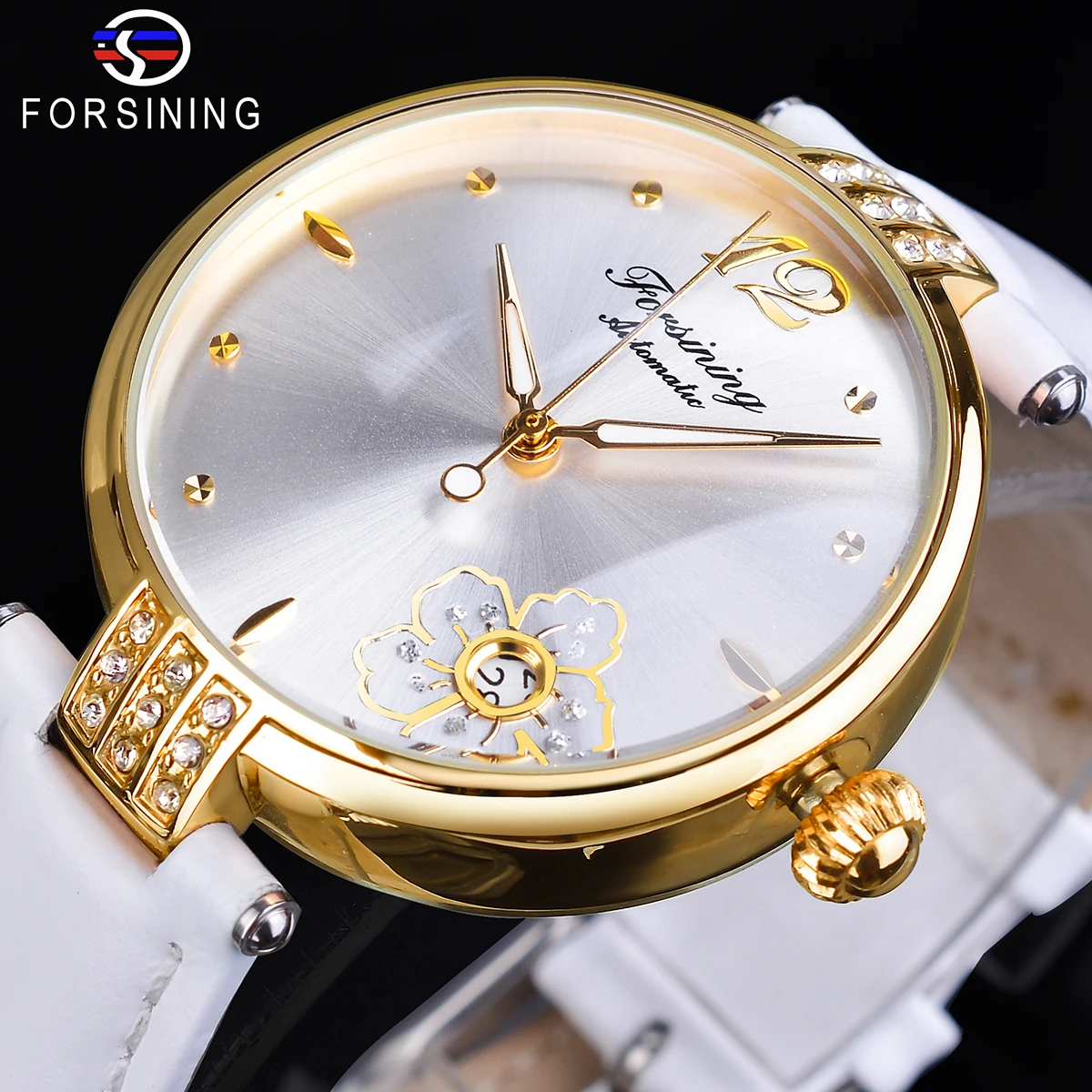 

Часы наручные Forsining женские Автоматические, модные роскошные водонепроницаемые светящиеся белые с цветами и стразами, с натуральной кожей, ...