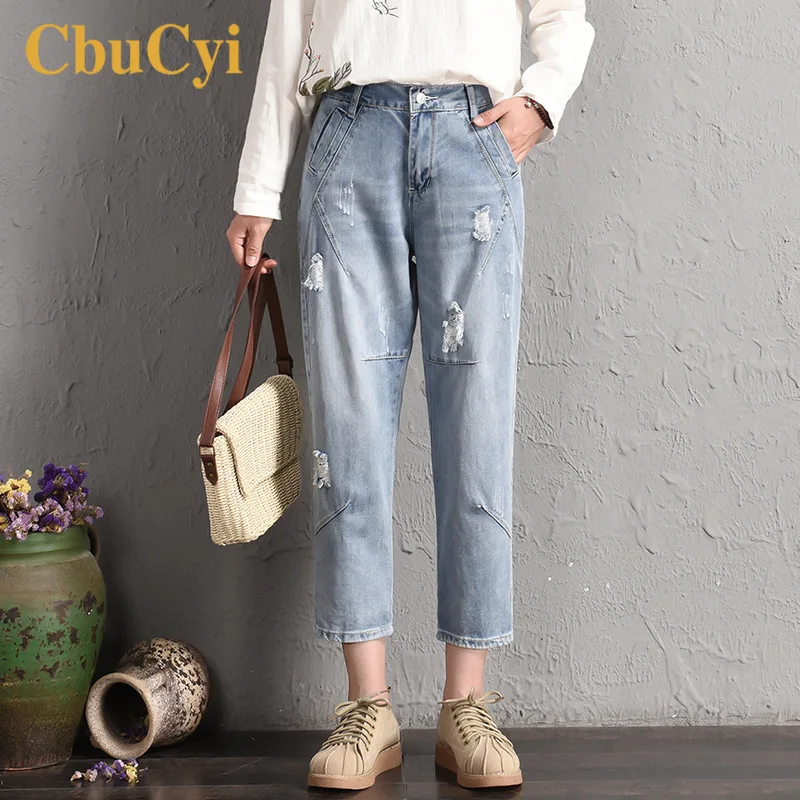 Летние женские джинсы с разрезами большие размеры Эластичные Джинсы бойфренда