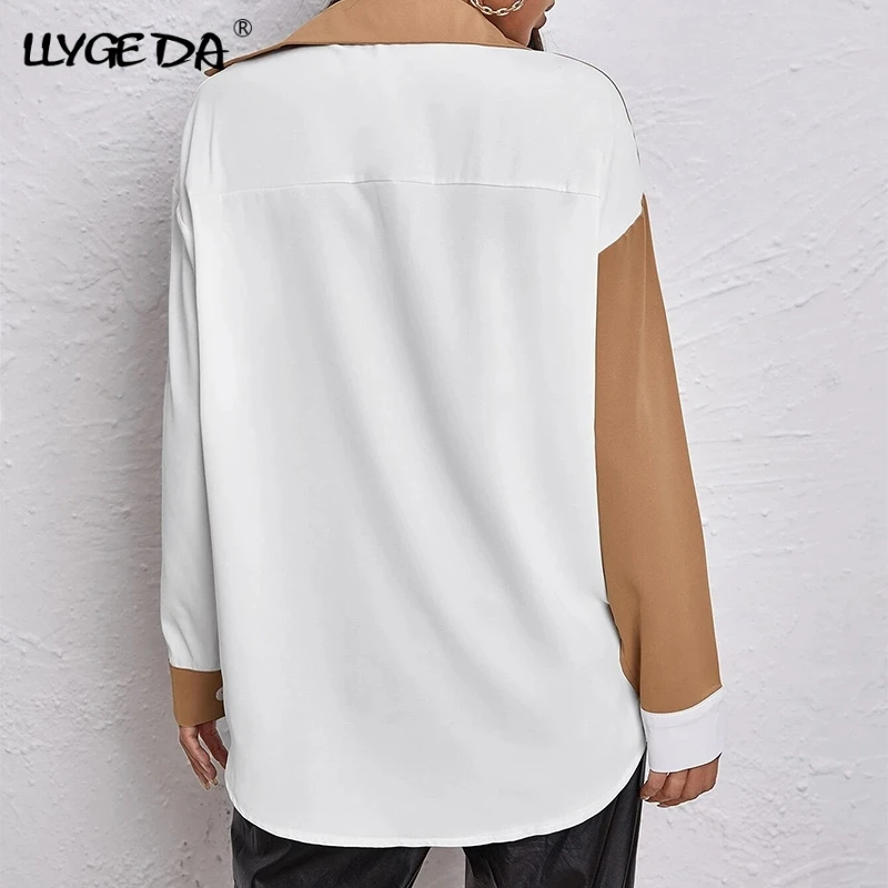 

Color Contrast Patchwork Women Shirt Pocket Single Breasted Turndown Collar Long Women's shirts 2021 Summer Casual Top Woman