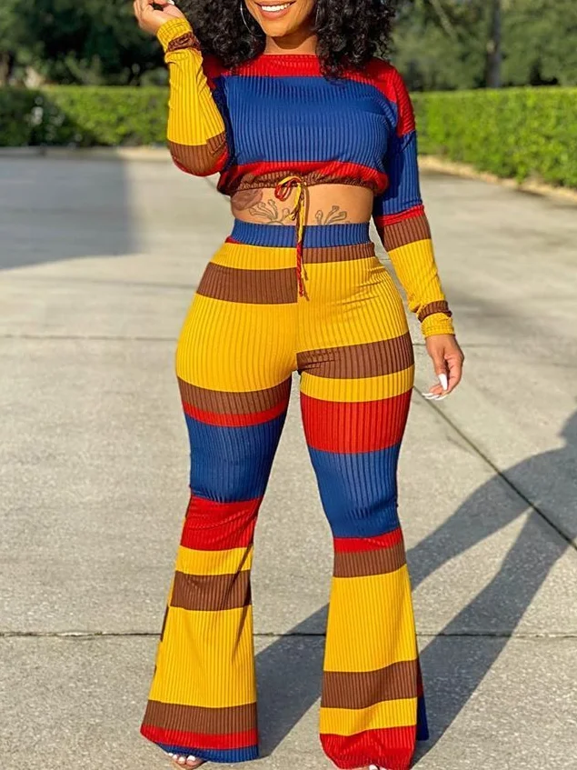 

Женский костюм из двух предметов в рубчик, пикантный Топ с длинным рукавом и брюки в полоску, Осень-зима 2022