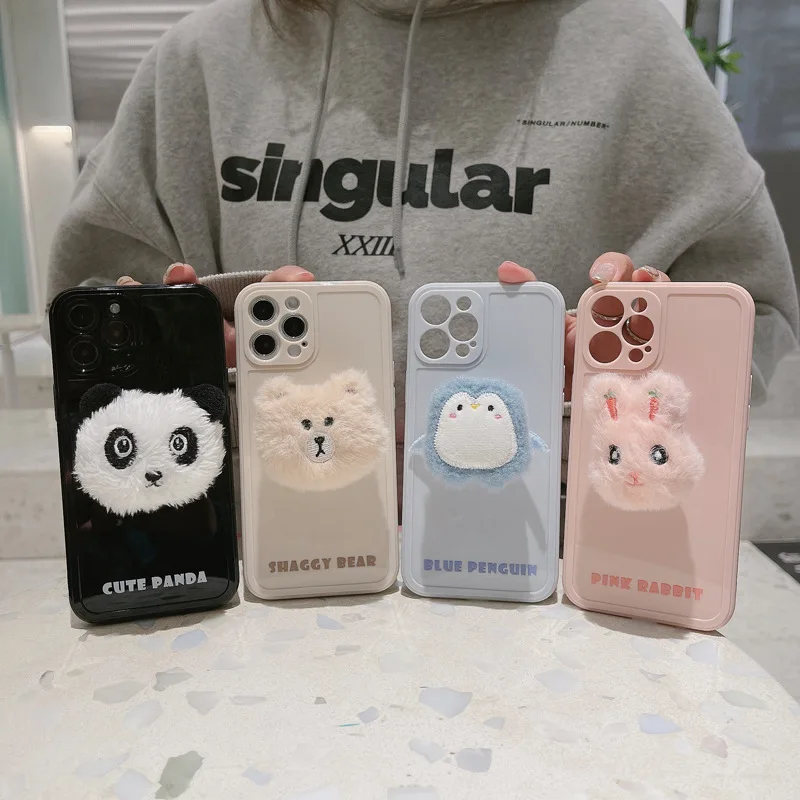 

Retro Kawaii Plush Animal Bunny Bear Bracket Phone Case For iPhone 12 11 Pro Max Xr Xs Max 7 8 Plus X 7Plus case Cute Soft Cover