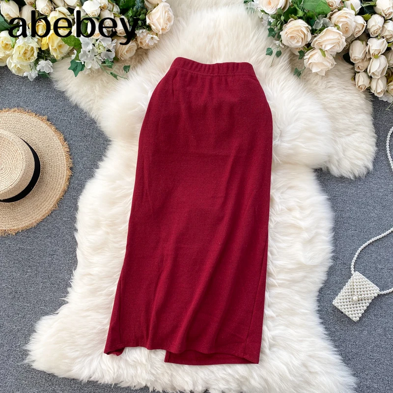 

Midi 2021 New Simple Solid All-match Design Drawstring Pleated Retro Midi Office Lady Elegant Split Skirts