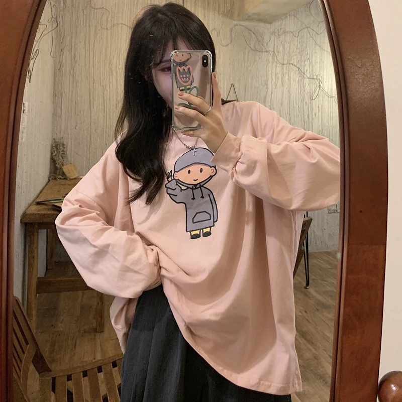 

Hoodies Pink Kawaii Cartoon Print Female Sweatshirt Loose Crew Neck Long Sleeve Oversize Hoodie Harajuku Vintage Sweatshirts