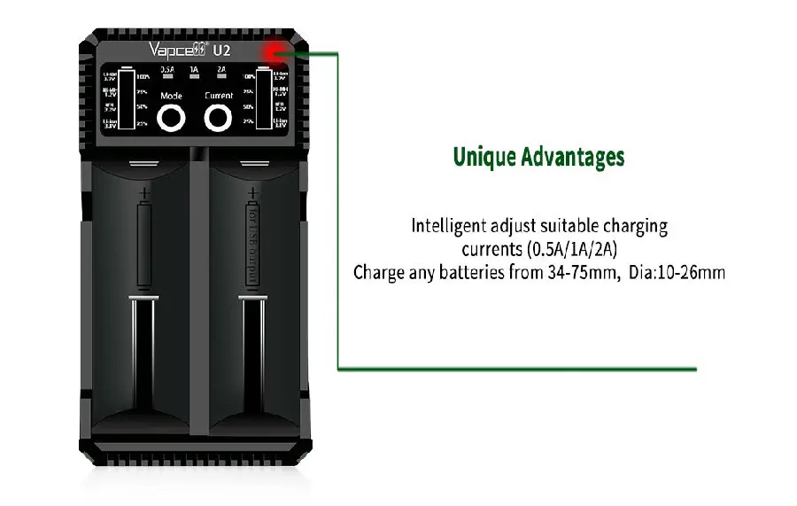 2 шт. оригинальный Vapcell U2 2A Смарт мини зарядное устройство USB для li ion/Lifepo4/Ni MH/Ni Cd AAA