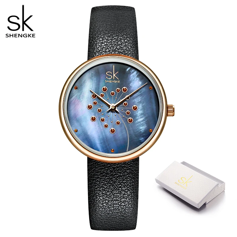 Black Shengke новые часы для женщин лучший бренд класса люкс кварцевые часы водонепроницаемый кожаный ремешок Часы Модные женские элегантные наручные часы для девочек - Цвет: Black