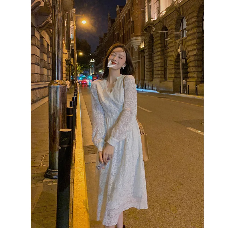 

Elegant Lace Long Sleeve Midi Dress Winter White Women V-neck Korean Dress Spring One-piece Evening Lady Party Fairy Dress 2021