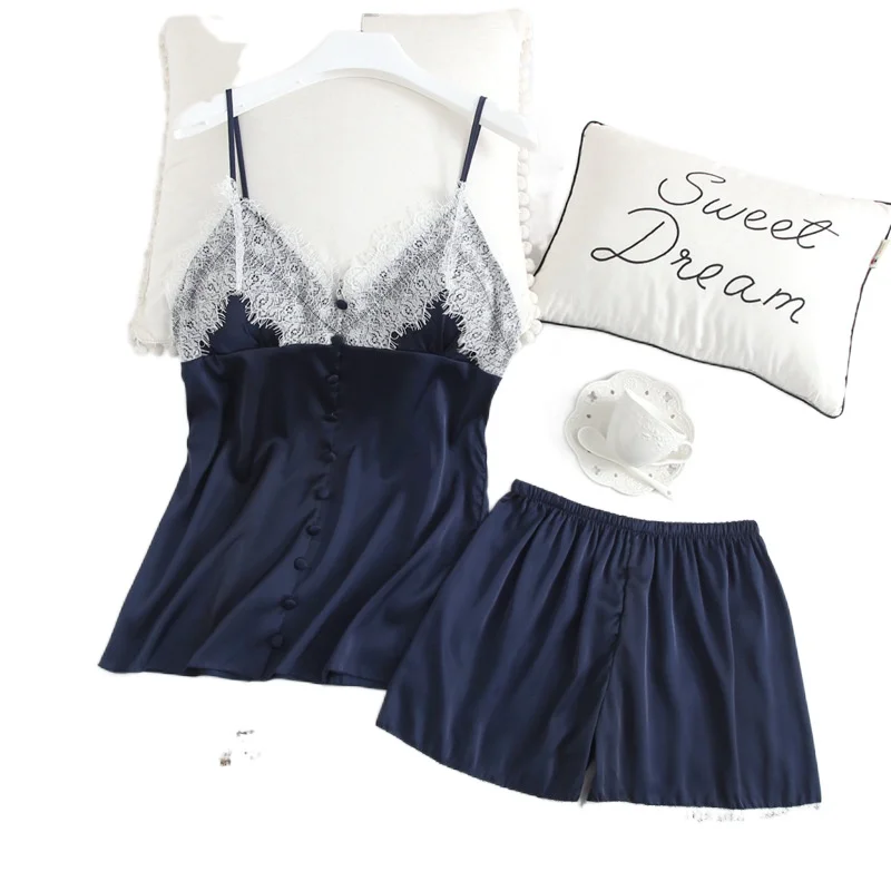 

Pajama Two-piece Set Ladies Lace Sling Summer Silk Clothes Women Short Pants Blouse Satin Top Female Sleep Homewear with Buttons