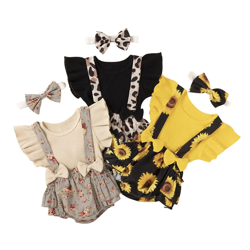 

Baby Clothes Kids Suit Set Solid Color O-Neck Short Sleeve Tops Sunflower Print Suspender Shorts Hairband For Girls 0-24 Months