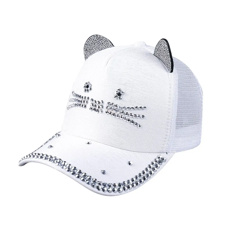 White Unisex Baseball Cap Children Cat Ears Rivets Sun Cowboy Hat Snapback Rhinestones Diamond Cap for Boy Girls Casual Cap Bone Gorro - Цвет: White