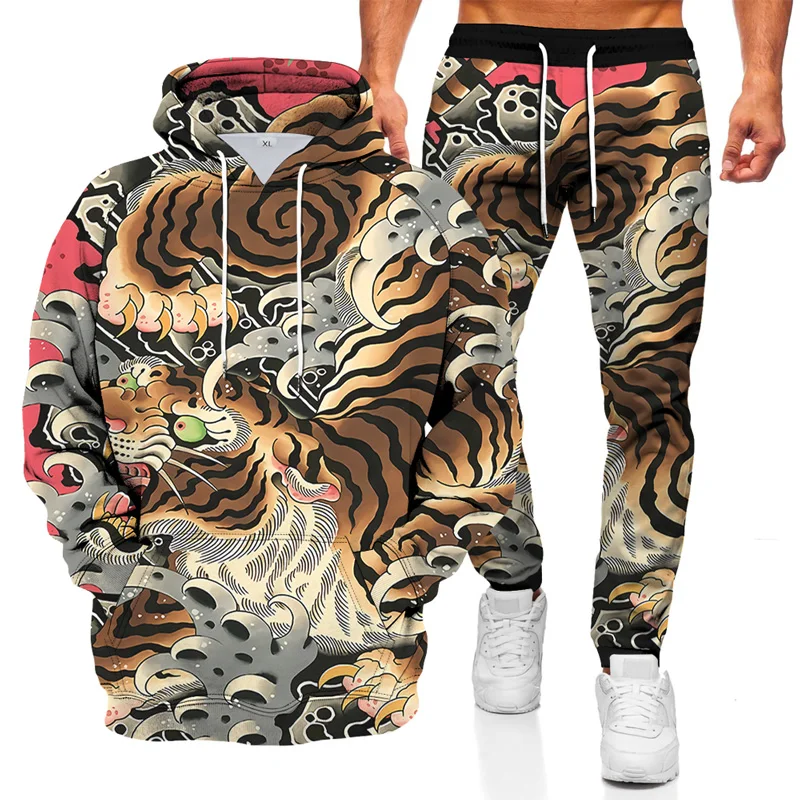 

2021 Autumn And Winter men's Printed Tiger Lion Casual Sportswear Suit Hooded Sweater Trousers two-piece Suit