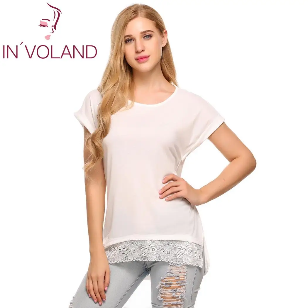 Женская летняя футболка с коротким рукавом топы кружевной отделкой