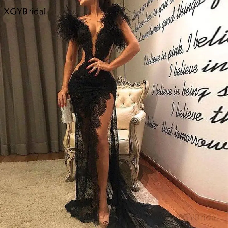 

Sexy Deep V Neck Black Prom Dresses Mermaid High Split Lace Evening Dress with Feathers Pageant Formal Gowns Abendkleider