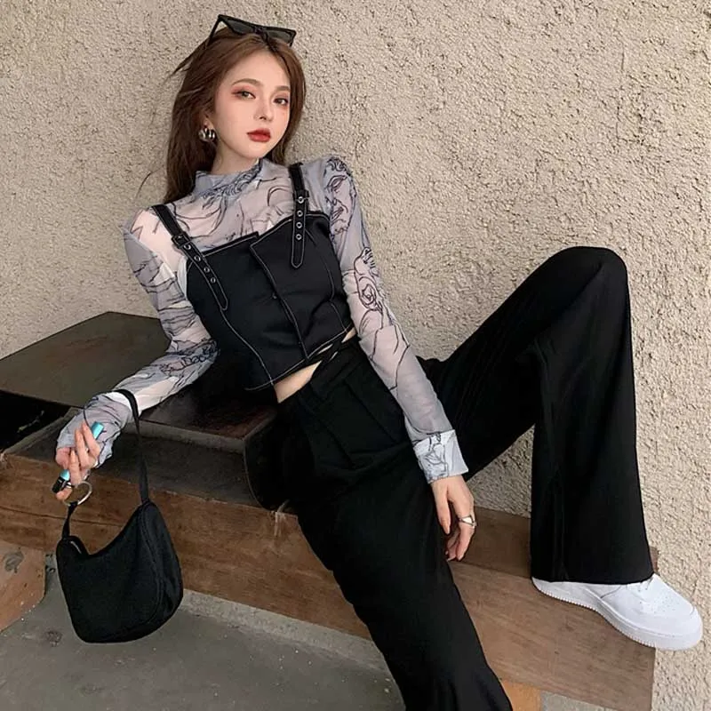 

2021 Slim Ladies Summer T Shirt Cartoon Print Vintage Long Sleeve Mesh Bottoming Shirt Tops Women Party Nightclub T-Shirt