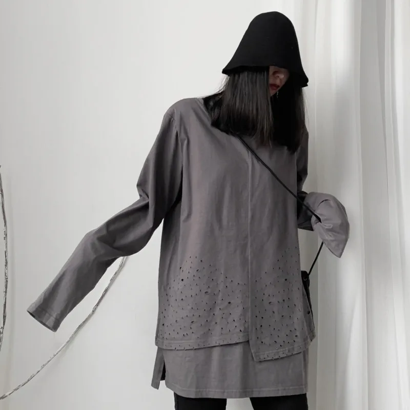 Женские Асимметричные Футболки с длинным рукавом LANMREM однотонные свободные