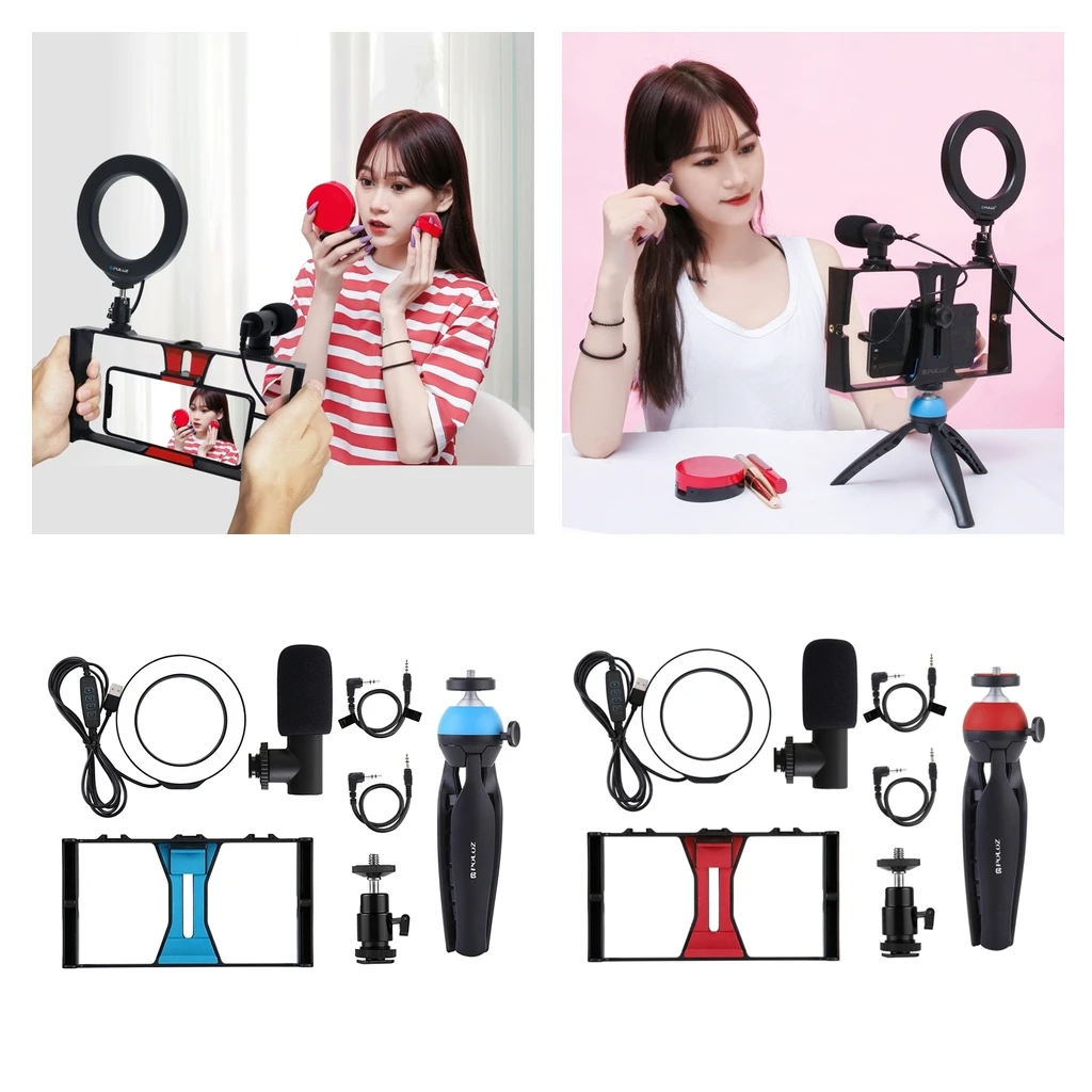 

Live Broadcast Vlog Smartphone Video Rig + Microphone + Ring LED Selfie Light Mini Tripod Mount Kits with Cold Shoe Tripod Head