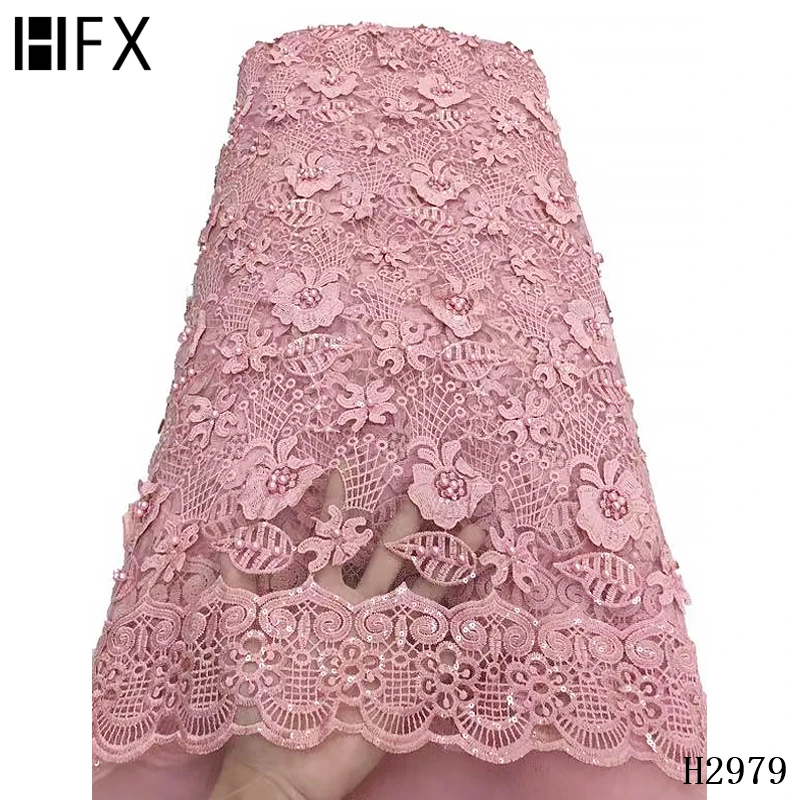 HFX африканская кружевная ткань 3D Цветочный Тюль фиолетовая вышивка бисером с