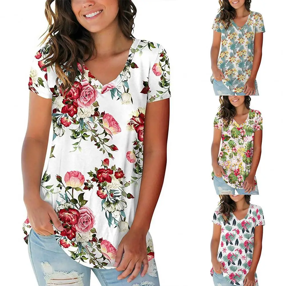 

Newest Summer Women T-shirt Elegant Floral Print V Neck Ladies T-Shirts Loose Short Sleeve Plus Size Tops Casual
