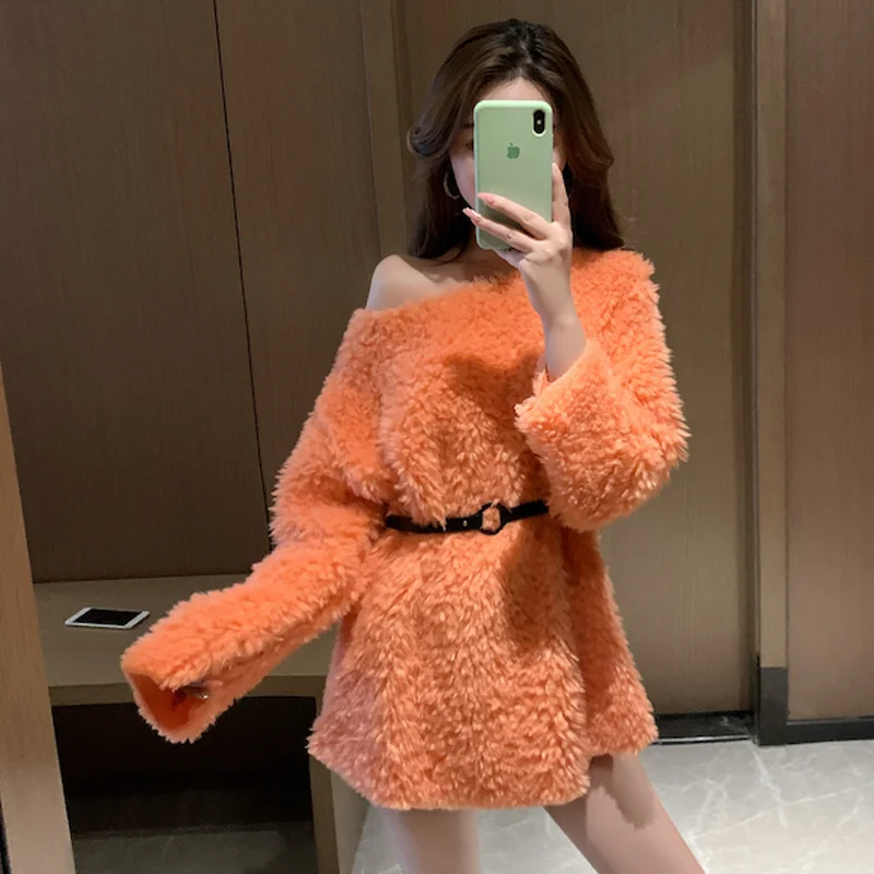

Spring Fashionable Stylish Lamb Wool Sweatshirt Female Korean Style Loose Coat Belt Fashion