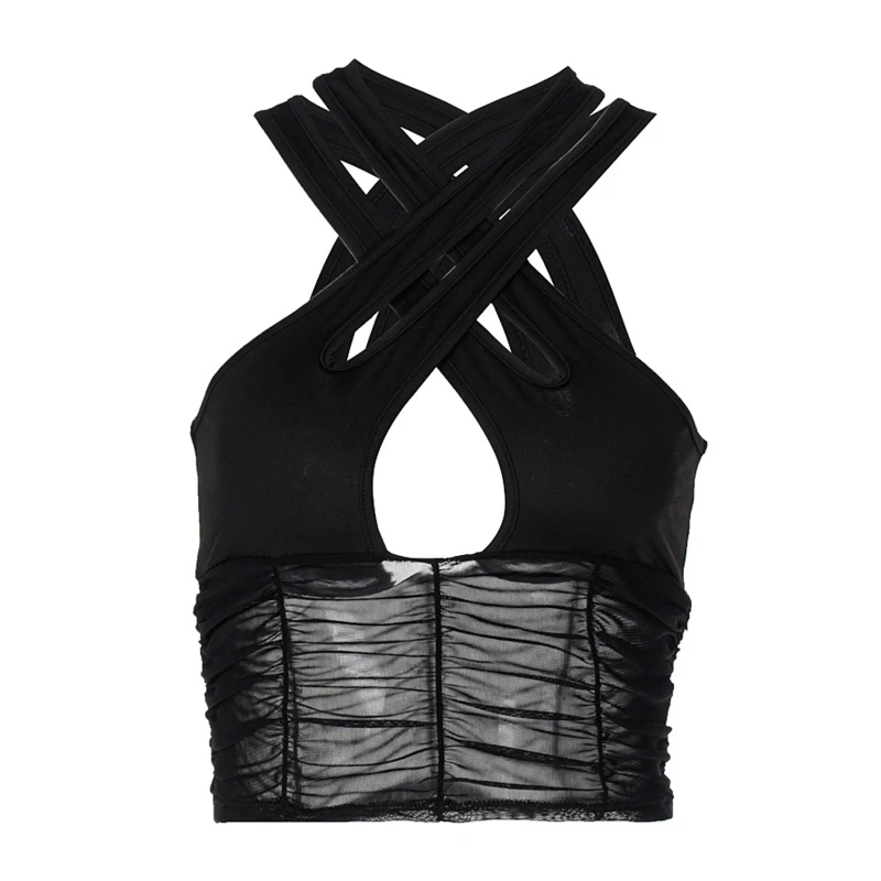 

Women Sexy Sleeveless Crop Top Cross Halter Strappy Ruched Mesh Slim Cami Vest