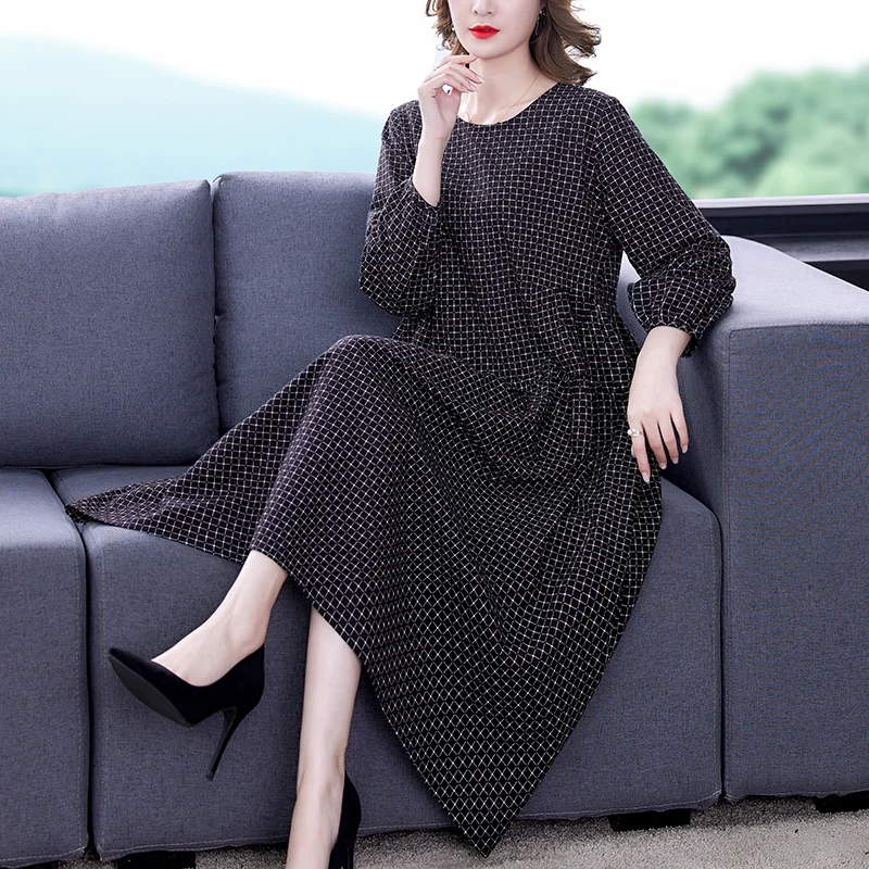 

Dresses for Women 2021 Autumn and Winter Elegant Loose Plus Size Dress Long Sleeve Round Neck Plaid Dress Vestido De Mujer