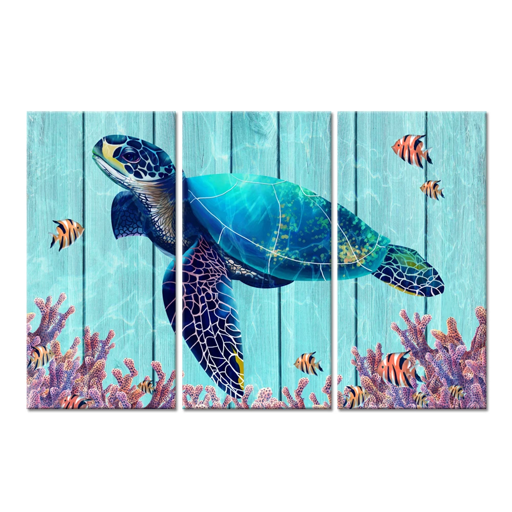 3 шт. синий подводный холст настенное искусство черепаха плавание с морской