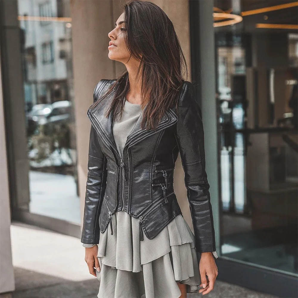 Женское кожаное пальто на молнии в стиле панк весну и осень готическое