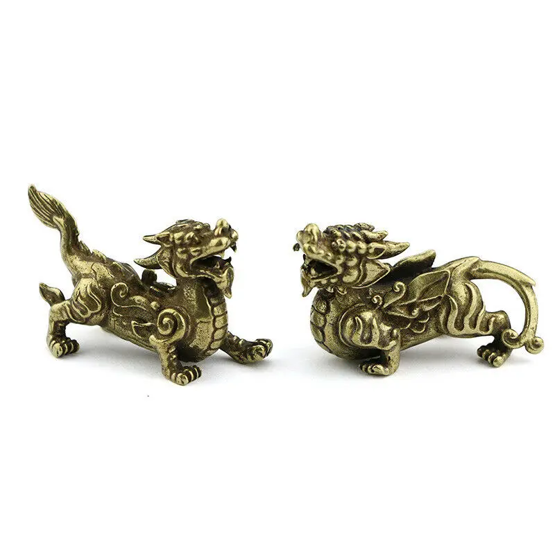 

A Pair Brass Kylin Send Blessing Ornaments Chinese Bronze Pixiu Tea Pet Antique