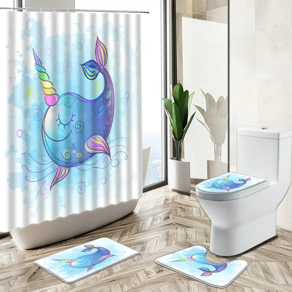 

Cartoon Unicorn Dolphin Design Shower Curtain Cute Animal Rainbow Kid Bathroom Decor Non-Slip Rug Toilet Cover Bath Mat Set Gift