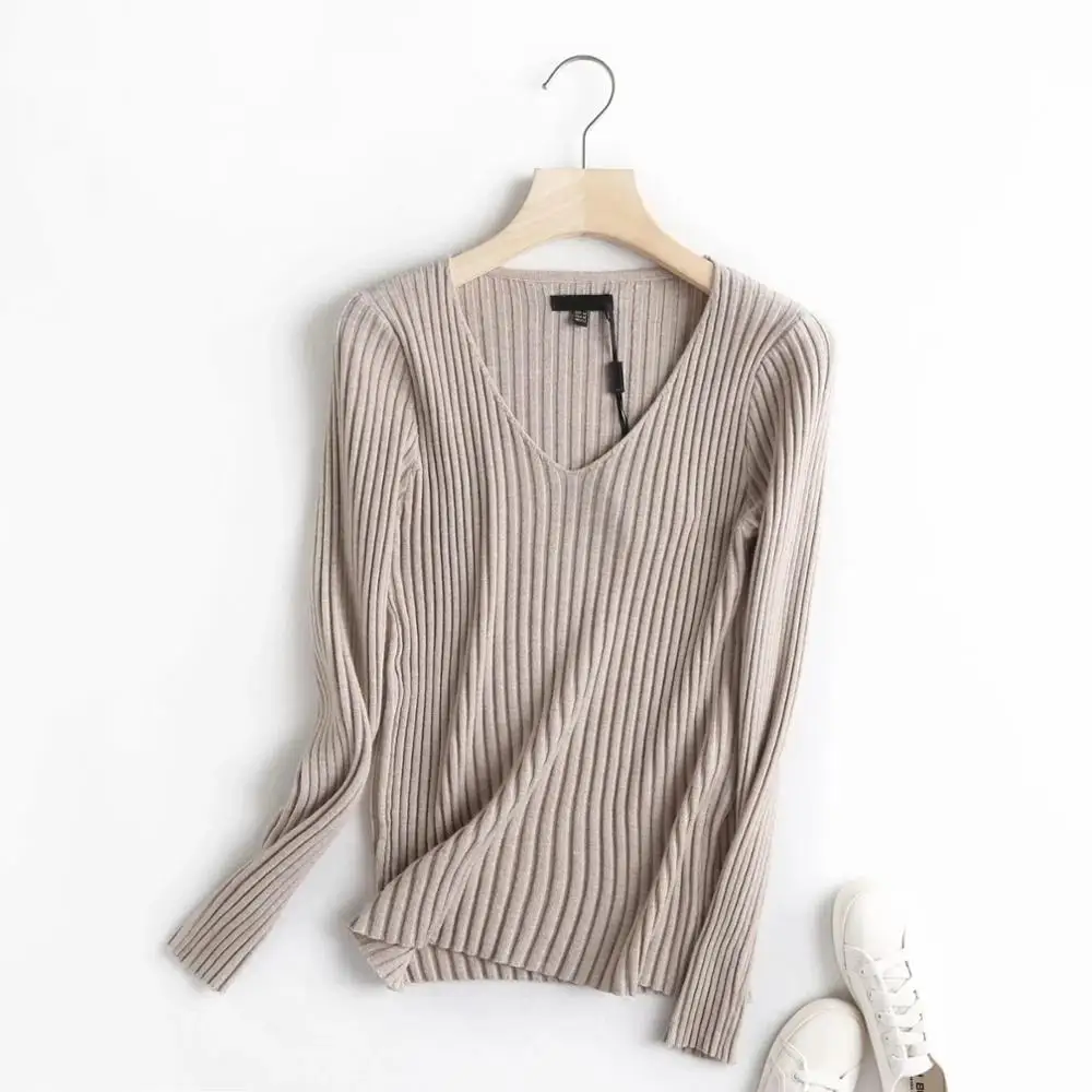 

Jenny&Dave Winter Sweaters Women England Style Fashion elegant Solid V-neck Wool Rib Pull Femme Sweaters Women Pullovers Tops