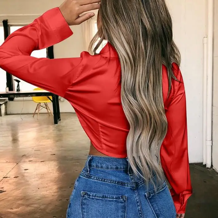 Осенняя женская красная рубашка с отложным воротником карманами бантом на