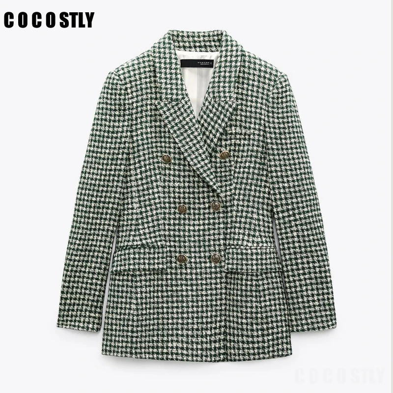 

New Blazer Women Fashion Tweed Double Breasted Blazer Coat Vintage Long Sleeve Pockets Female Tweed Outerwear Veste Femme