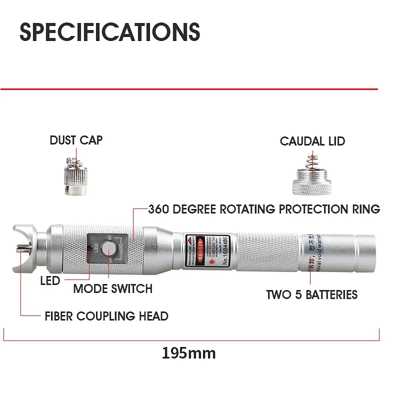 Silver 10km/20km/30km Red Light Source Fiber Tester Pen Visual Fault Locator Compliant SC ST FC Connector