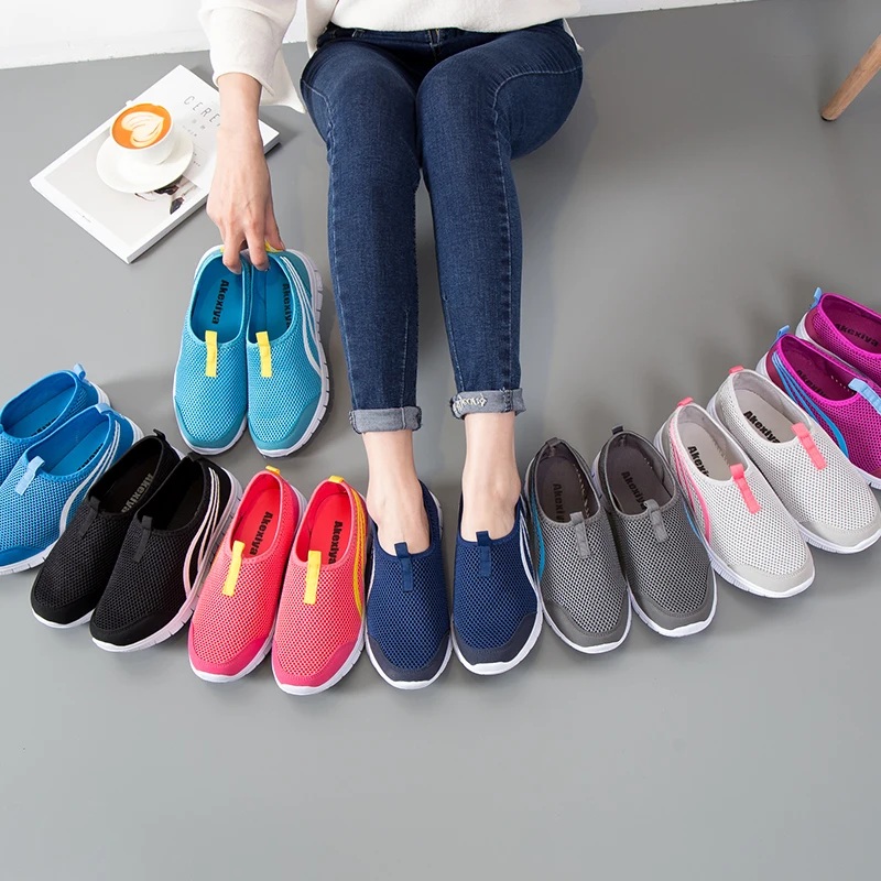 

2020 Women Flat Shoes Knit Woman Casual Slip On Vulcanized Shoes Female Mesh Soft Breathable Women's Footwear For Ladies Sneaker