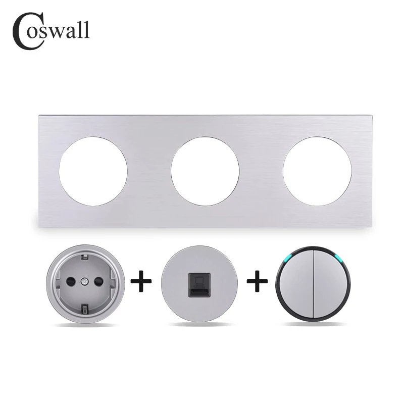 coswall r12 silver grey gray aluminum panel wall switch eu french socket usb charger tv rj45 cat6 modules diy free combination free global shipping