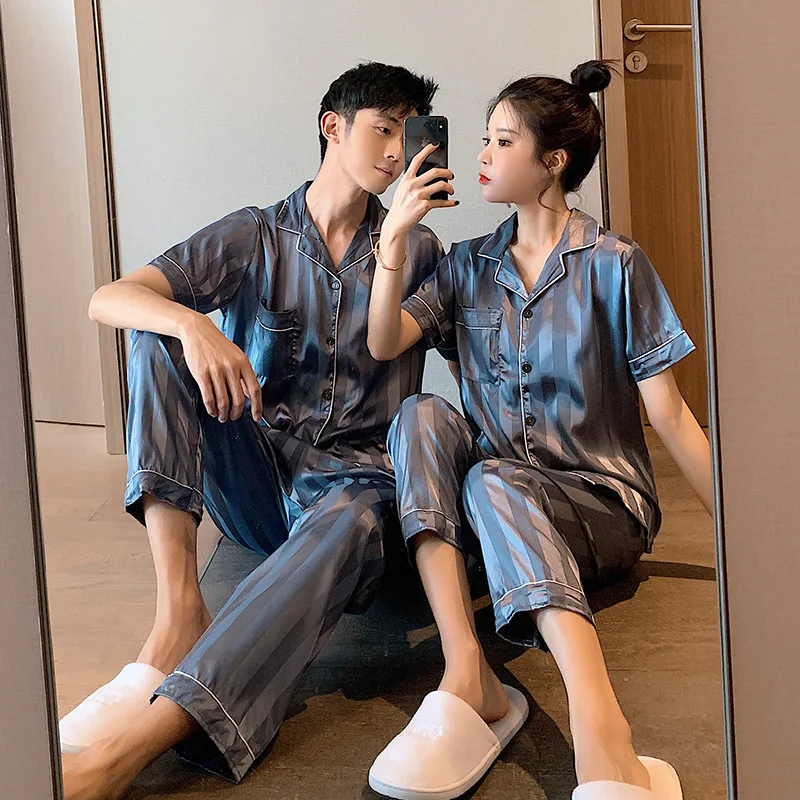 

Summer New Homewear Couple 's Pajamas Set Short Sleeve Satin Silk Thin Plus Size Loose Men Women 's Two Piece Suit Casual Tops
