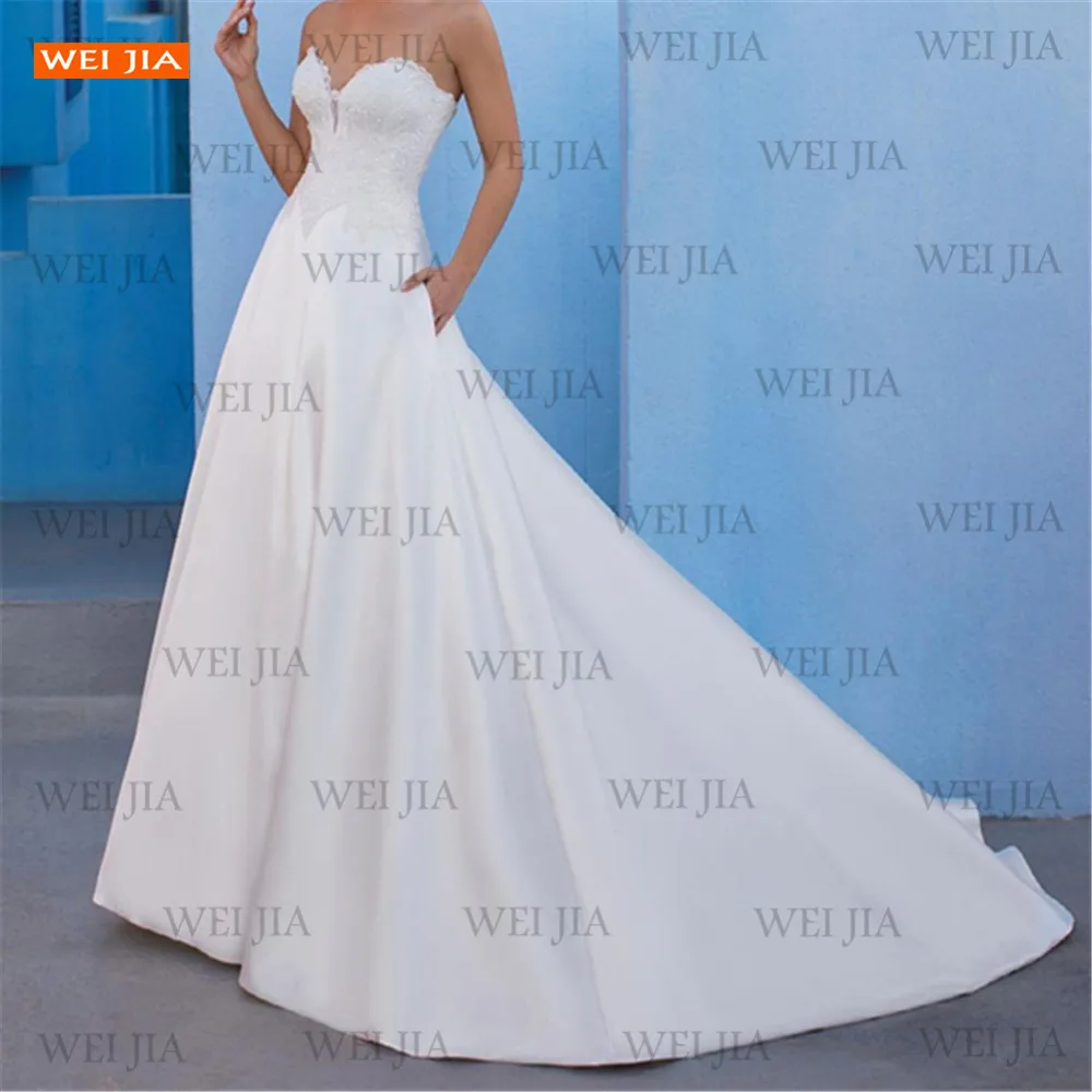 

Модные белые атласные свадебные платья 2021 robe de mariage, милое кружевное ТРАПЕЦИЕВИДНОЕ свадебное платье на заказ