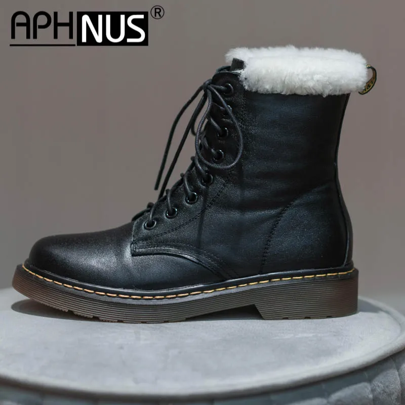 

APHNUS Womens Boots Short Snow Ankle Motorcycle Booties Woman 2021 Shoes For Women New Fur Lace Up Flats Low Mid Heels Pumps