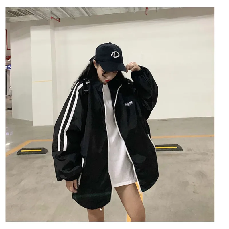 2020 New Girl Retro College Style Loose Casual Wind Side Strip Sports Windbreaker Jacket Autumn
