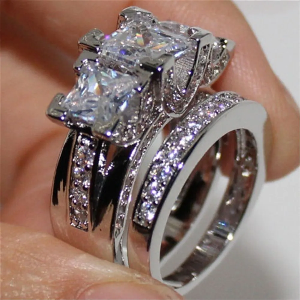 2 pcs/set Hot Sale BIg Zircon CZ Stone Bling Silver Color Wedding Engagement Ring Set for Women Fashion Jewelry Gift 2019
