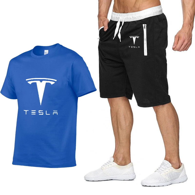 

Mens Short sleeve Tesla Car Logo Summer Mens t Shirt Harajuku Hip Hop TShirt high quality Cotton T Shirts shorts suit Sportswear