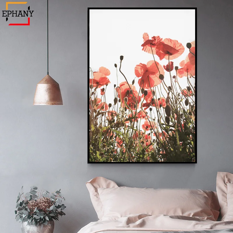 Настенный постер с розовыми маками и лавандовыми цветами скандинавский