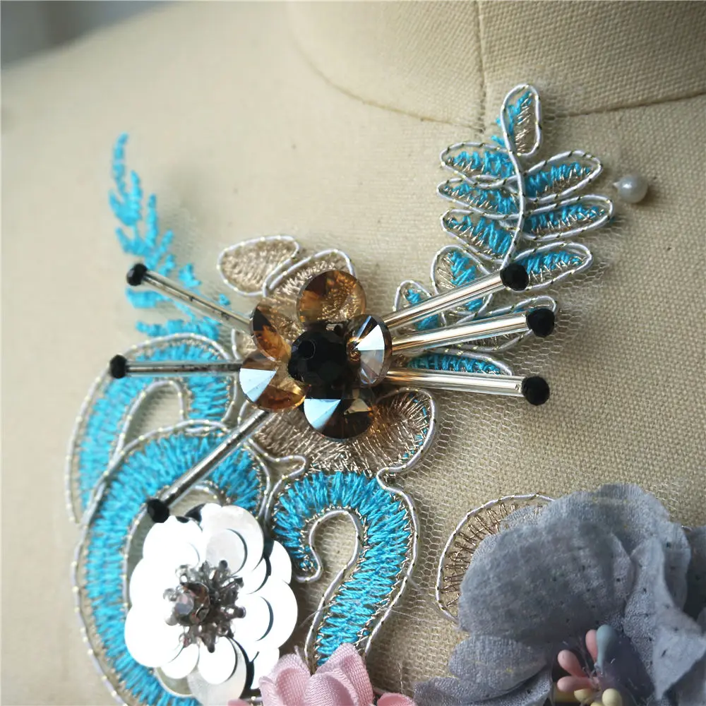 Розовая синяя 3D Цветочная кружевная ткань с пайетками вышитая одежда аппликация