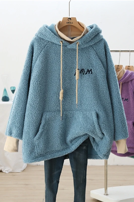 

Lamb Wool Hooded Coat Women 2021 New Autumn Winter Thick Velvet Sweatshirts Medium-long Loose Long-sleeved Students Hoodies Top
