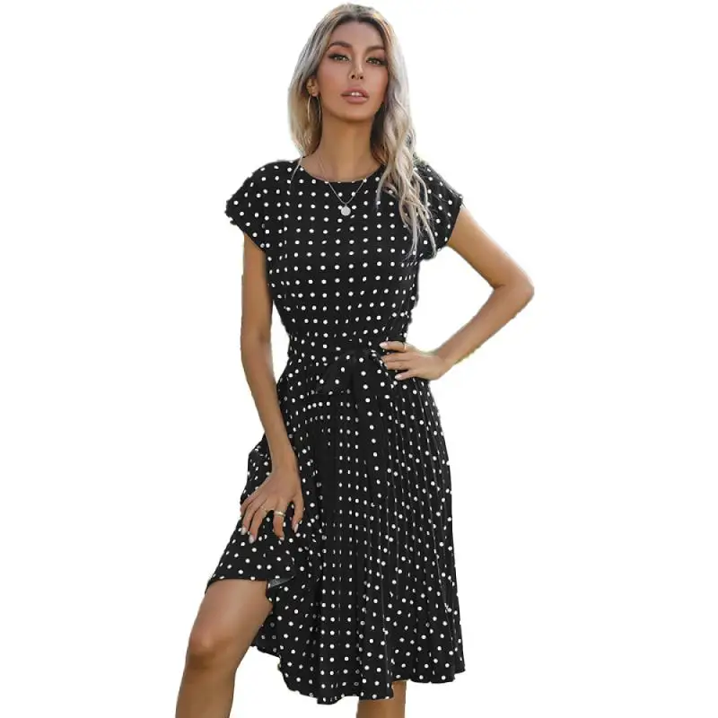 

Medium Length Dresses Casual Summer 2021 New Style Bodycon Dress Polka Dot Short Sleeve Women's Clothing Round Neck Woman Light