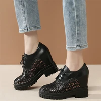 fashion sneakers women genuine leather high heel pumps shoes female med top round toe chunky platform ankle boots casual shoes