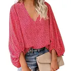 Блузка женская с V-образным вырезом, модная свободная офисная рубашка с принтом, длинным рукавом-фонариком, элегантная винтажная Повседневная Блузка