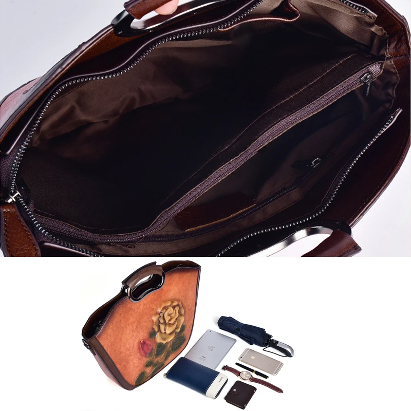 

Embossed Genuine Leather Designer Women Handbag Vintage Satchels Bag Ladies Large capacity Chinese Style Female Shoulder Bags