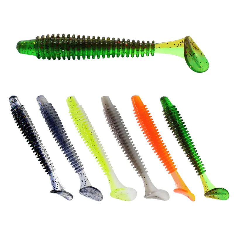 5-10pcs/lot Soft Fishing Lure 50mm/0.9g Double Color Spiral T tail Silicone baits Jig Wobbler Worm Pesca Bait | Спорт и развлечения