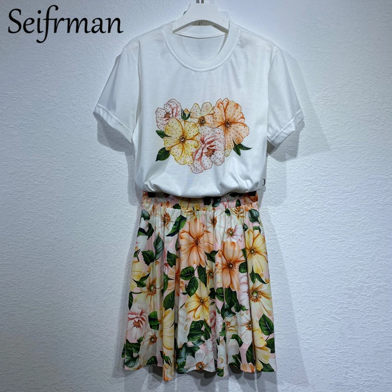Seifrmann New 2021 Summer Women Fashion Designer Skirt Set Short Sleeve Crystal Tees+High Waist Floral Print Midi Skirts Suits