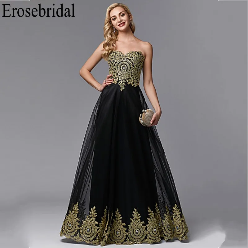 Женское вечернее платье на молнии сзади Erosebridal золотистое кружевное черное